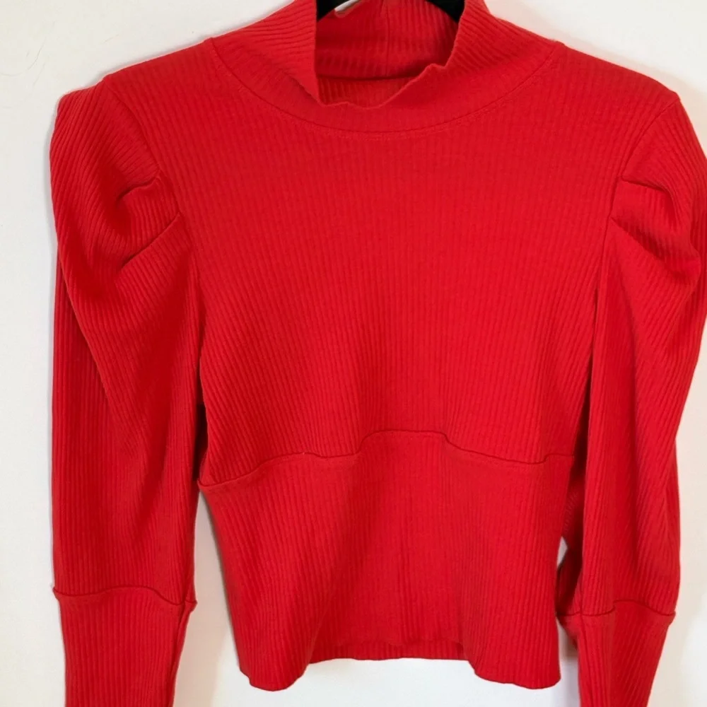 Free People Ribbed Orange Lala Puffed Sleeve Turtleneck Size L